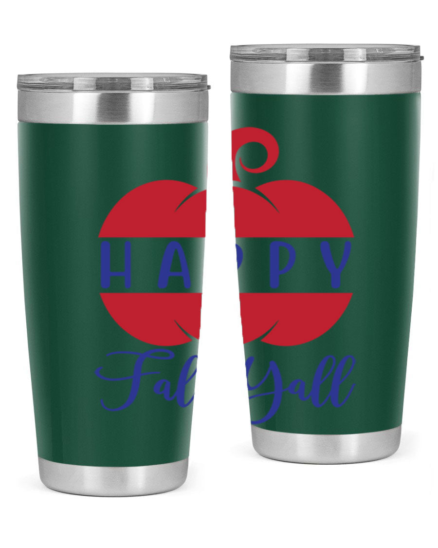 Happy Fall Y'all 20oz tumbler featuring a seasonal design, made of stainless steel with a drink-thru lid.