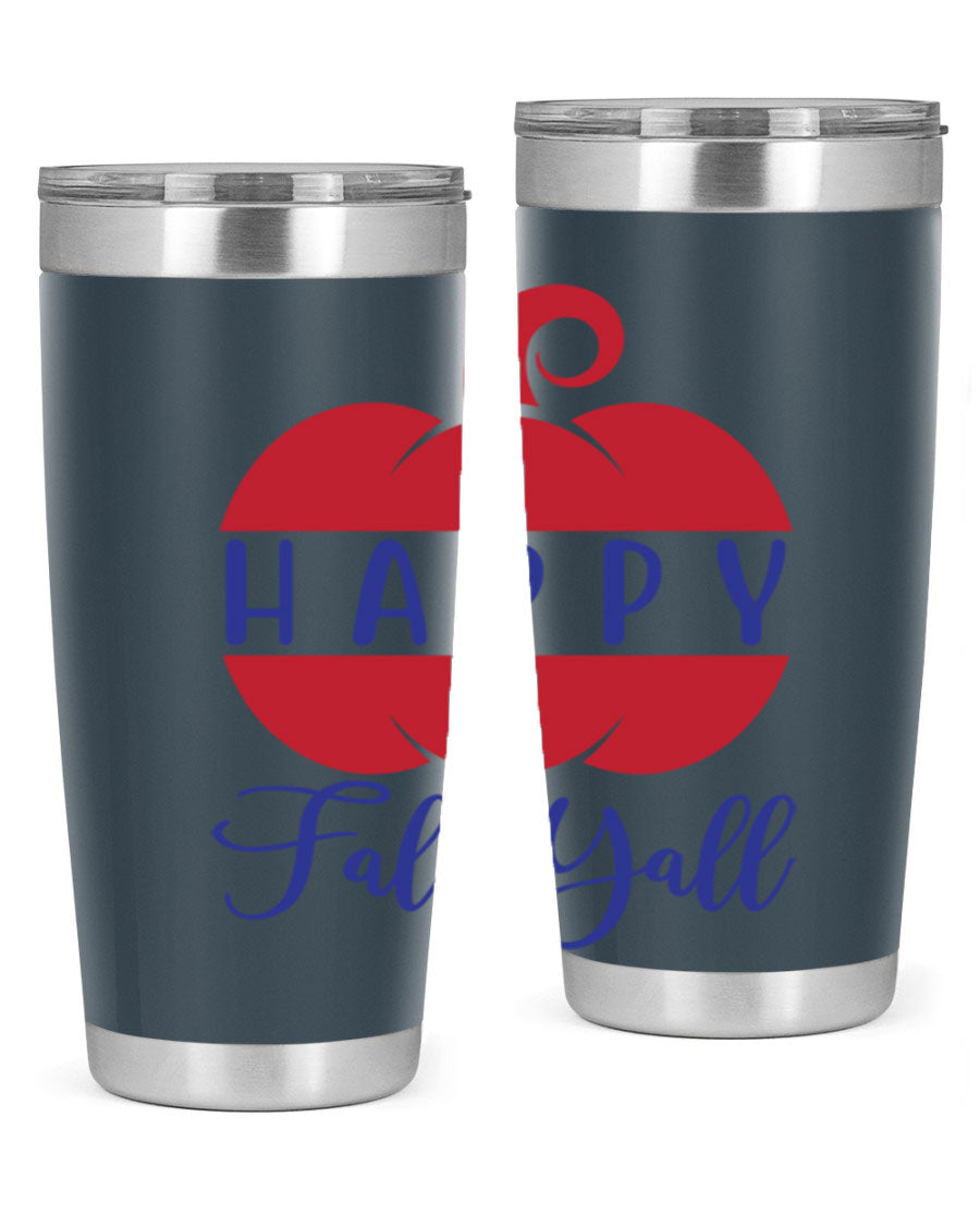 Happy Fall Y'all 20oz tumbler featuring a seasonal design, made of stainless steel with a drink-thru lid.