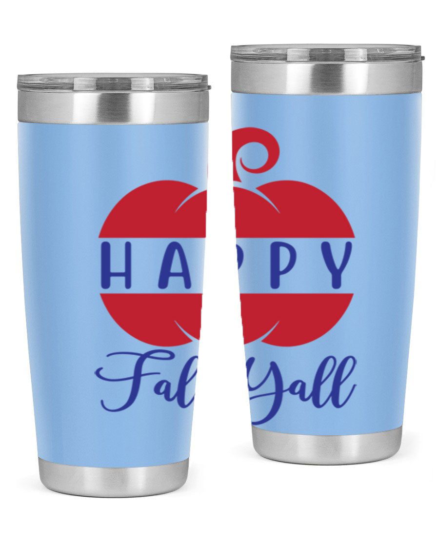 Happy Fall Y'all 20oz tumbler featuring a seasonal design, made of stainless steel with a drink-thru lid.