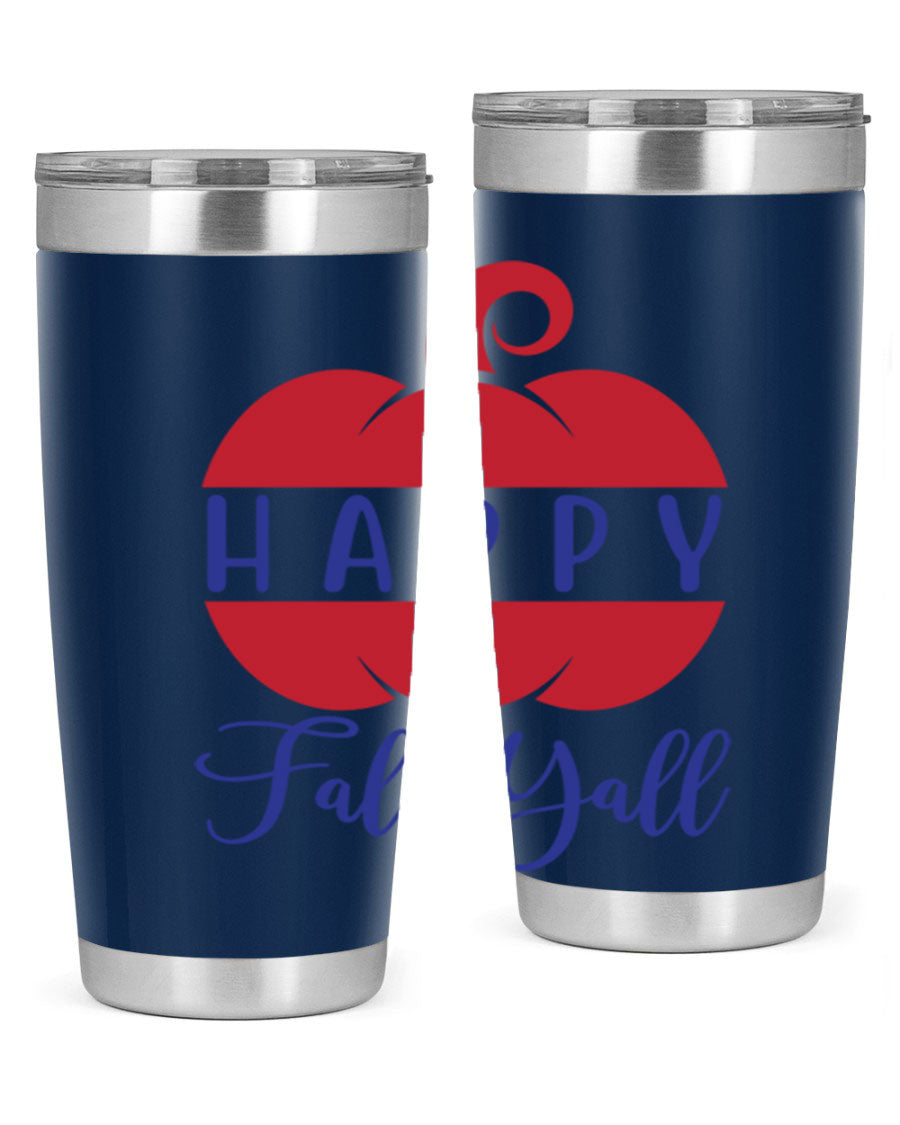 Happy Fall Y'all 20oz tumbler featuring a seasonal design, made of stainless steel with a drink-thru lid.