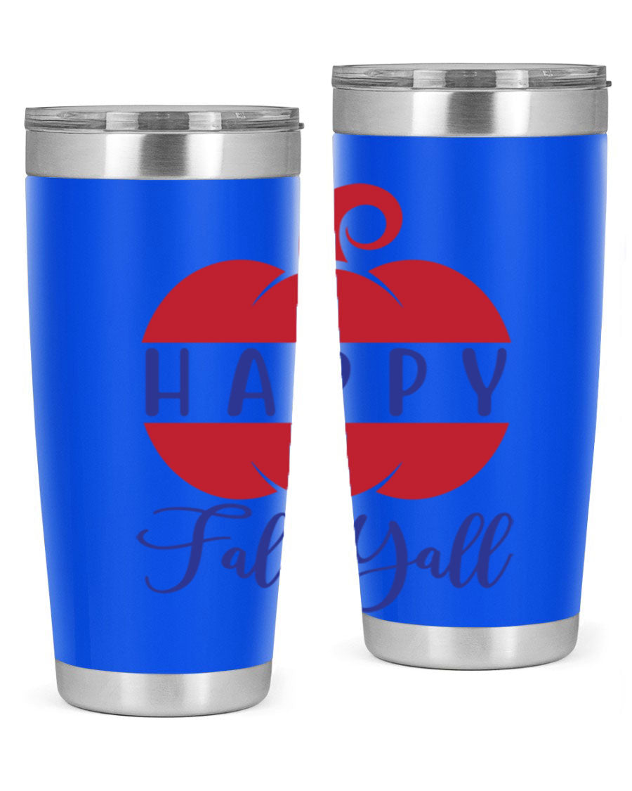 Happy Fall Y'all 20oz tumbler featuring a seasonal design, made of stainless steel with a drink-thru lid.