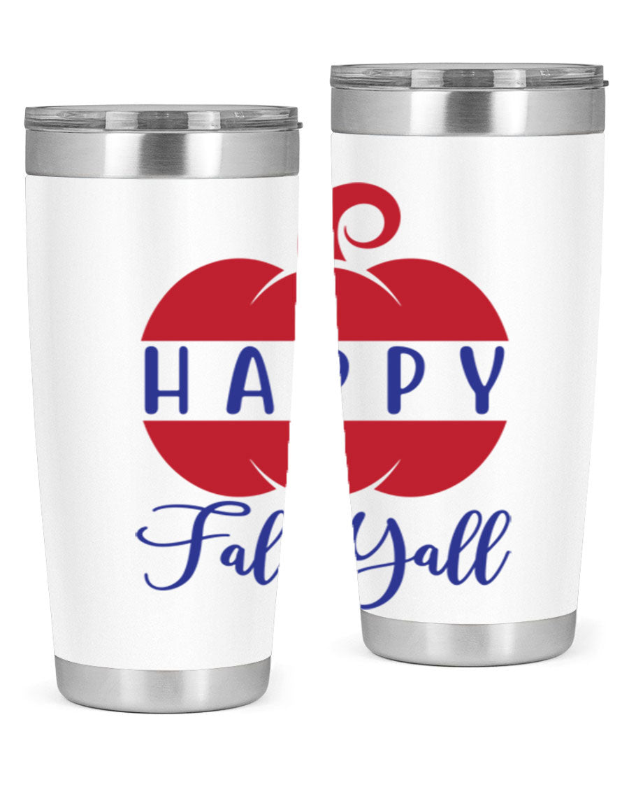Happy Fall Y'all 20oz tumbler featuring a seasonal design, made of stainless steel with a drink-thru lid.
