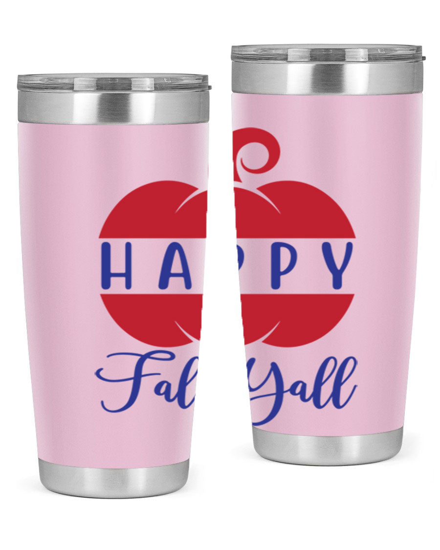 Happy Fall Y'all 20oz tumbler featuring a seasonal design, made of stainless steel with a drink-thru lid.