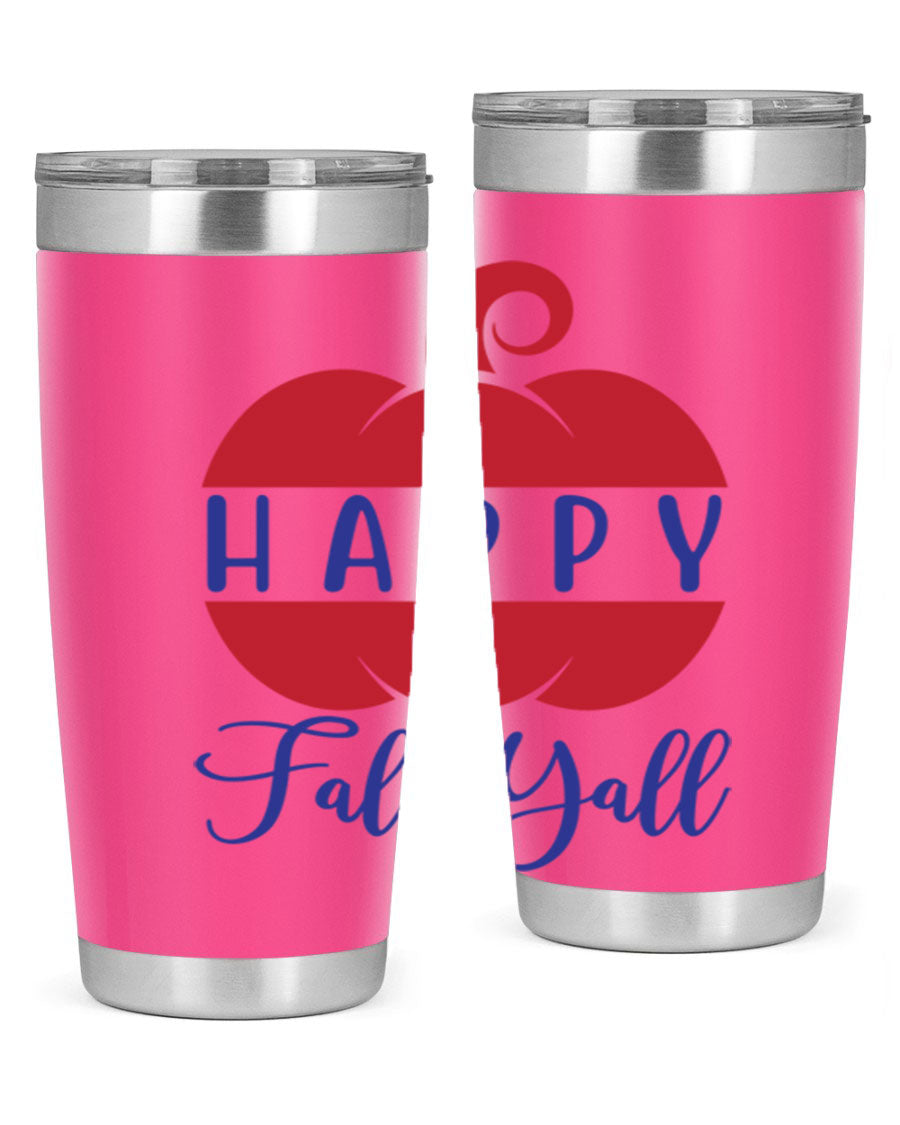 Happy Fall Y'all 20oz tumbler featuring a seasonal design, made of stainless steel with a drink-thru lid.