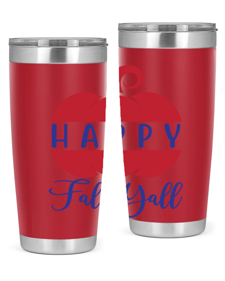 Happy Fall Y'all 20oz tumbler featuring a seasonal design, made of stainless steel with a drink-thru lid.