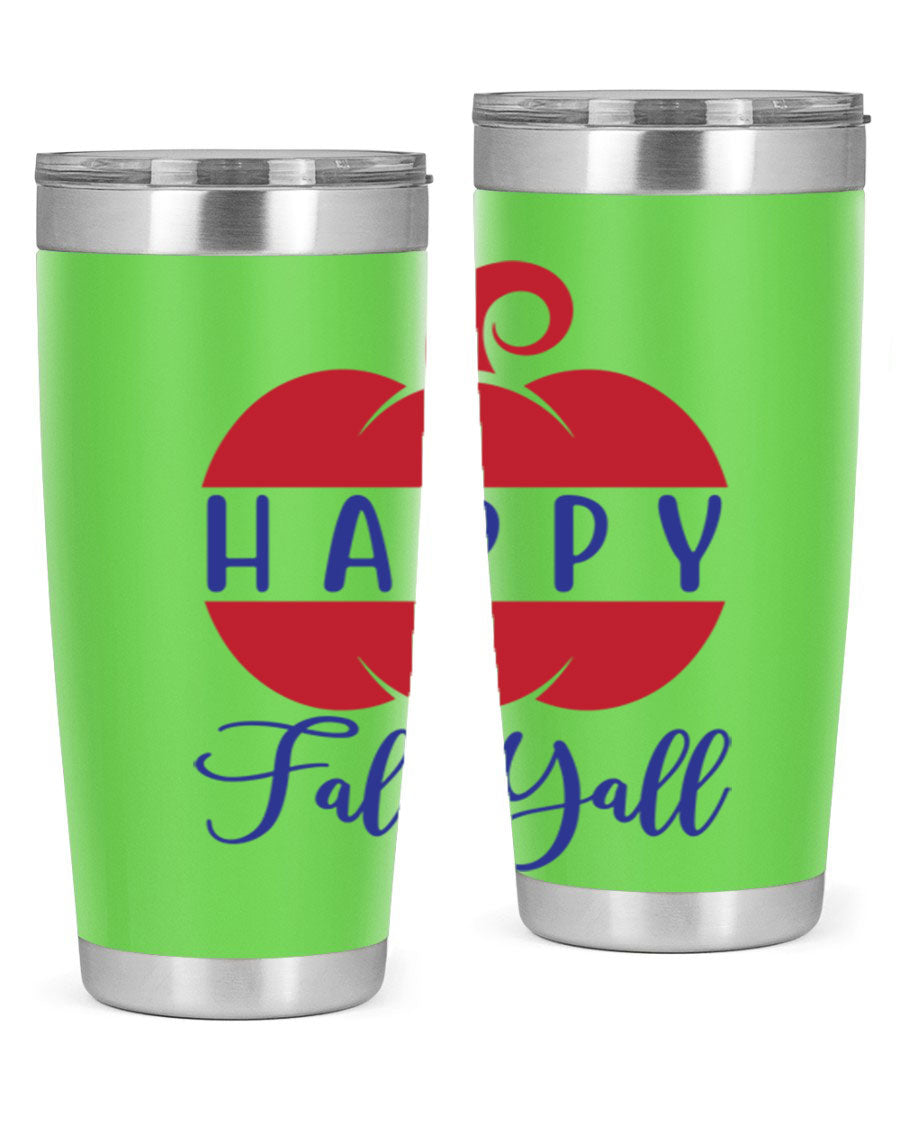 Happy Fall Y'all 20oz tumbler featuring a seasonal design, made of stainless steel with a drink-thru lid.
