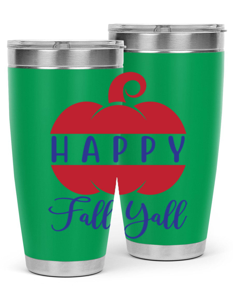 Happy Fall Y'all 20oz tumbler featuring a seasonal design, made of stainless steel with a drink-thru lid.