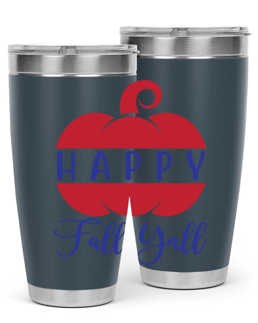 Happy Fall Y'all 20oz tumbler featuring a seasonal design, made of stainless steel with a drink-thru lid.