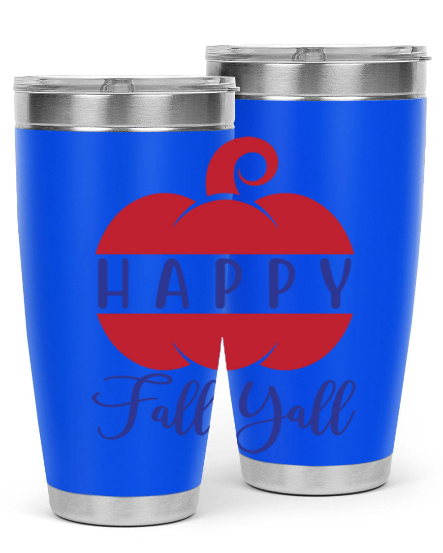 Happy Fall Y'all 20oz tumbler featuring a seasonal design, made of stainless steel with a drink-thru lid.