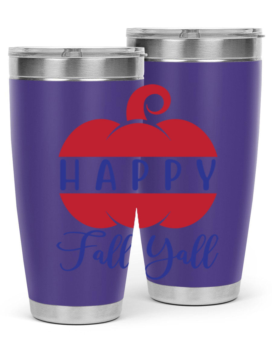 Happy Fall Y'all 20oz tumbler featuring a seasonal design, made of stainless steel with a drink-thru lid.