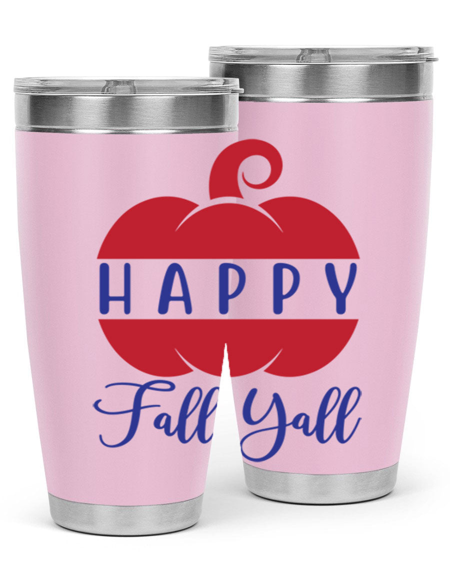 Happy Fall Y'all 20oz tumbler featuring a seasonal design, made of stainless steel with a drink-thru lid.