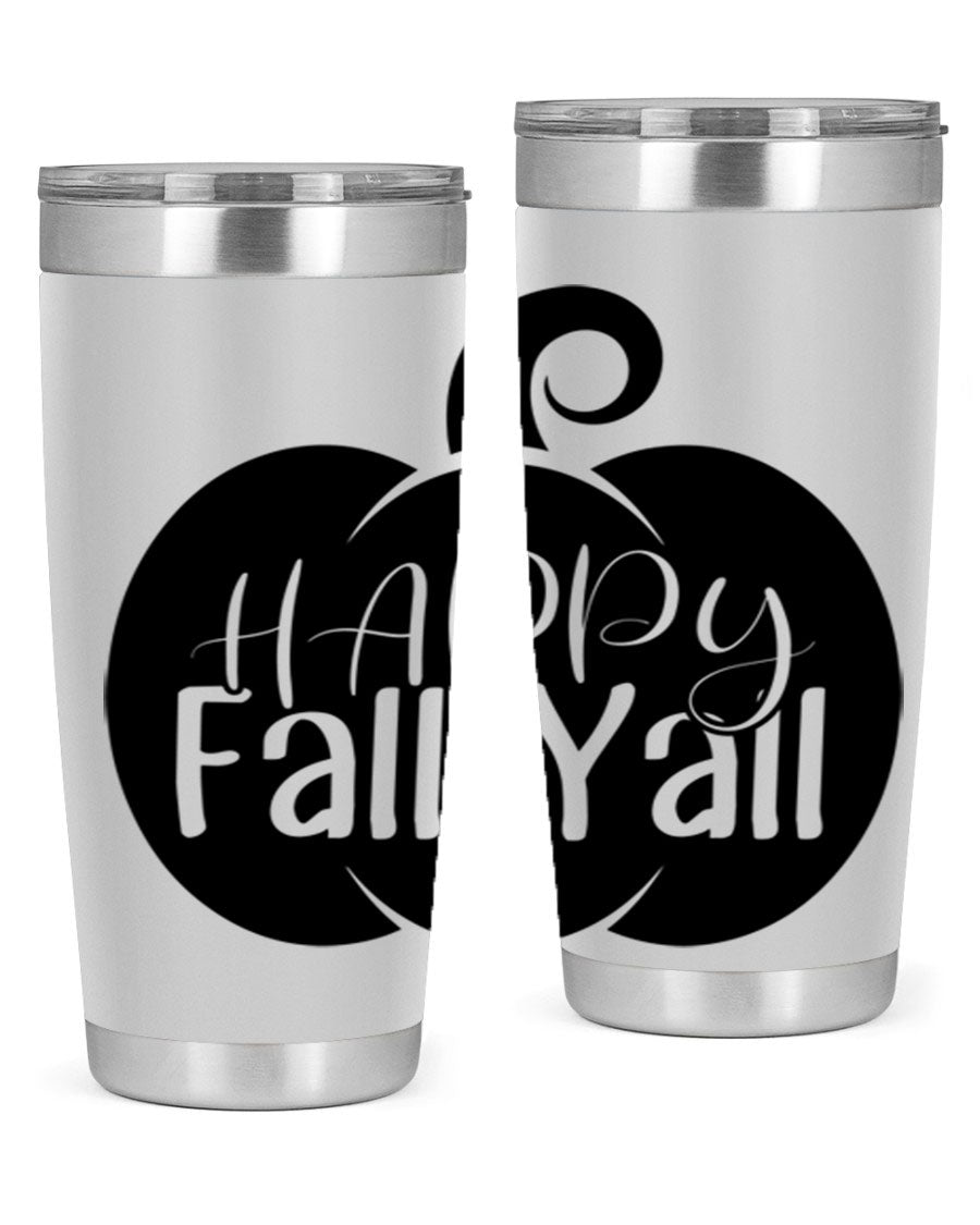 Happy Fall Y'all 20oz Tumbler made of stainless steel with a fall-themed design.