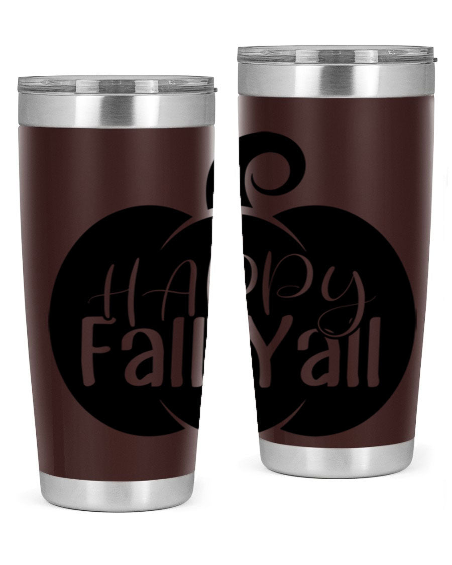 Happy Fall Y'all 20oz Tumbler made of stainless steel with a fall-themed design.