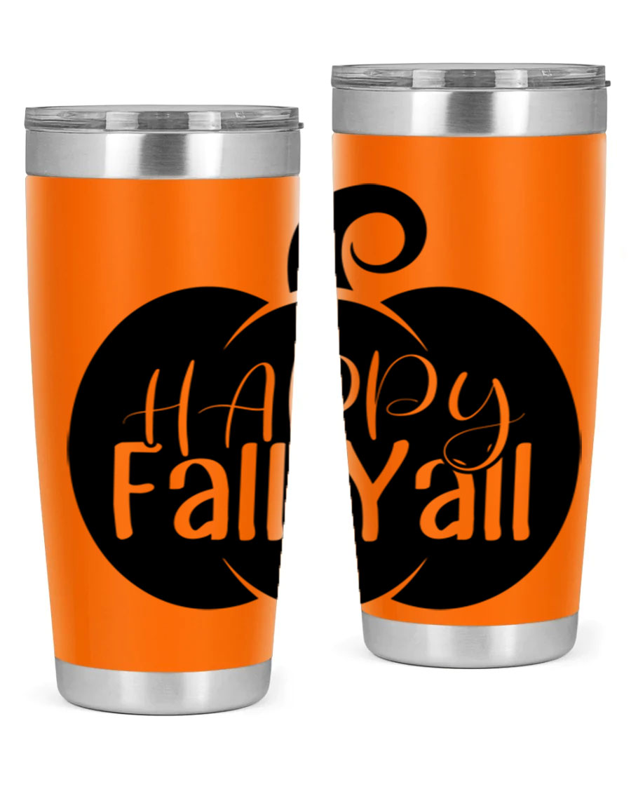 Happy Fall Y'all 20oz Tumbler made of stainless steel with a fall-themed design.