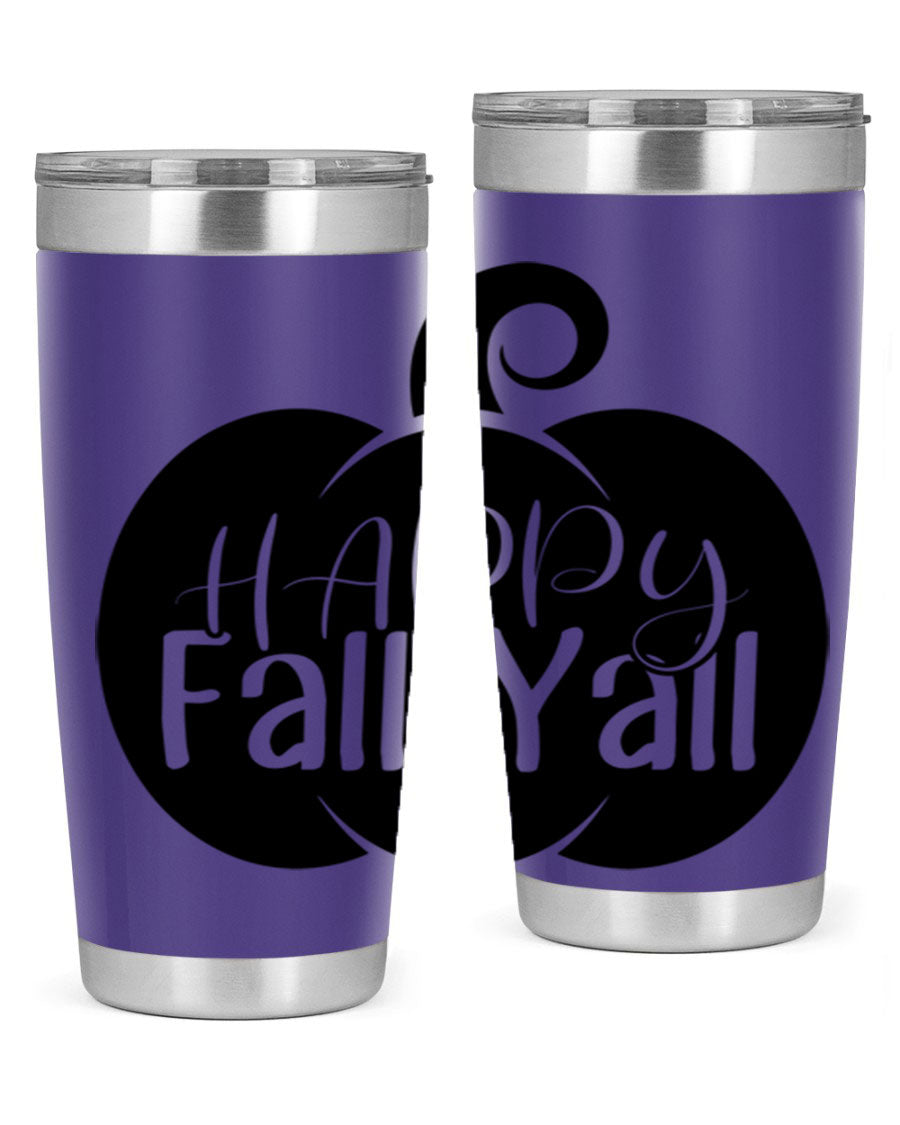 Happy Fall Y'all 20oz Tumbler made of stainless steel with a fall-themed design.