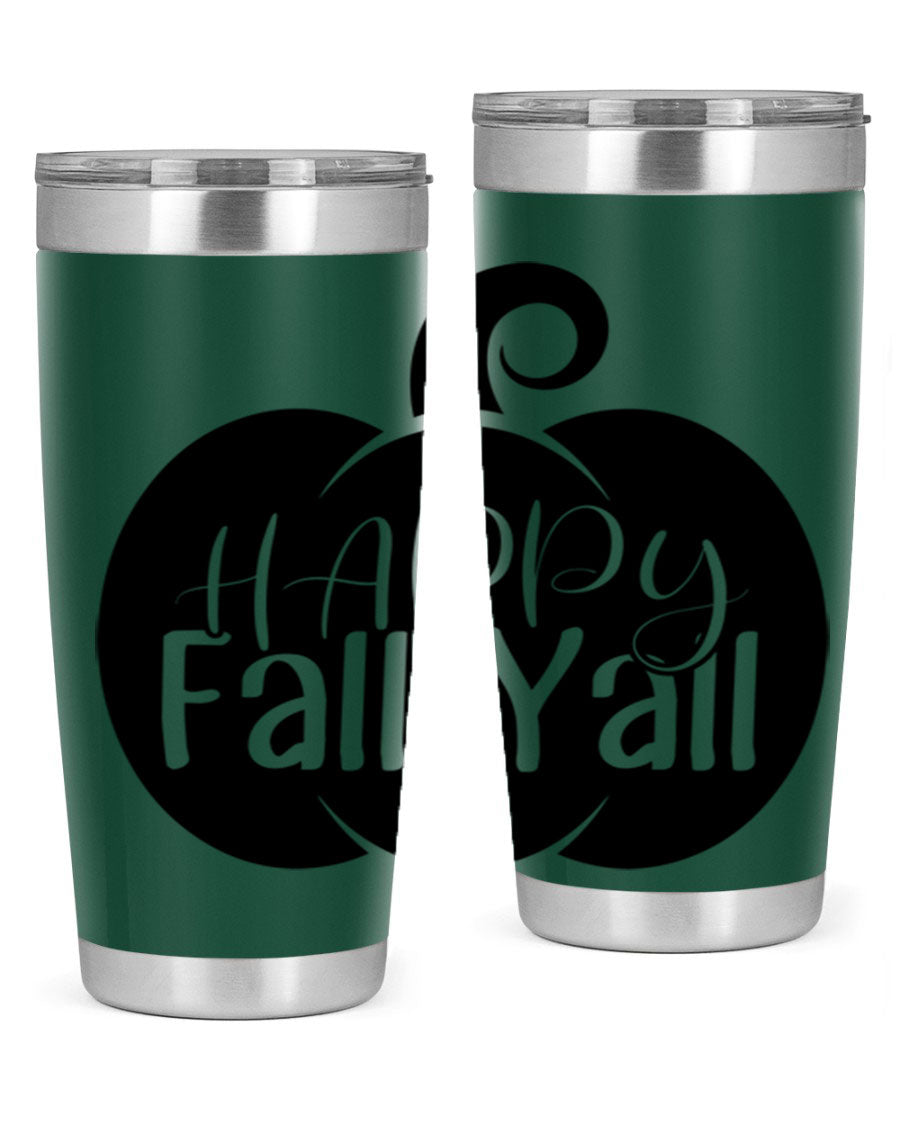 Happy Fall Y'all 20oz Tumbler made of stainless steel with a fall-themed design.