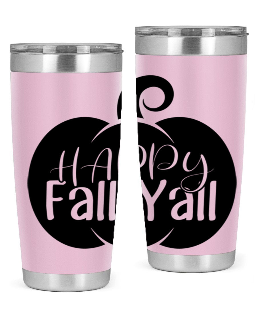 Happy Fall Y'all 20oz Tumbler made of stainless steel with a fall-themed design.