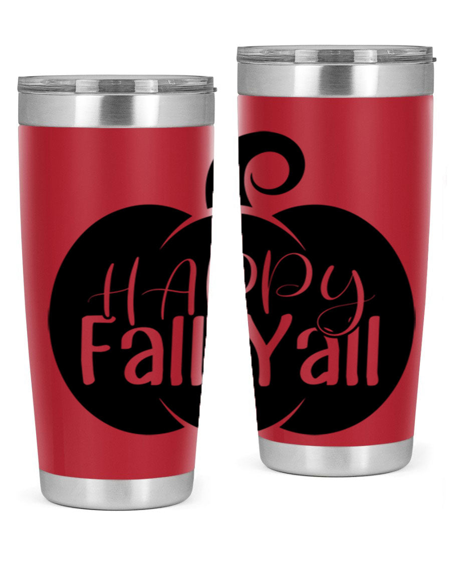 Happy Fall Y'all 20oz Tumbler made of stainless steel with a fall-themed design.