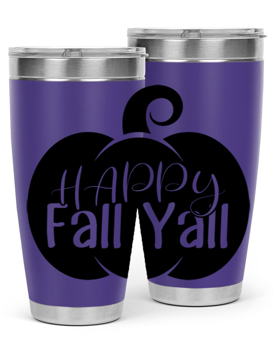 Happy Fall Y'all 20oz Tumbler made of stainless steel with a fall-themed design.