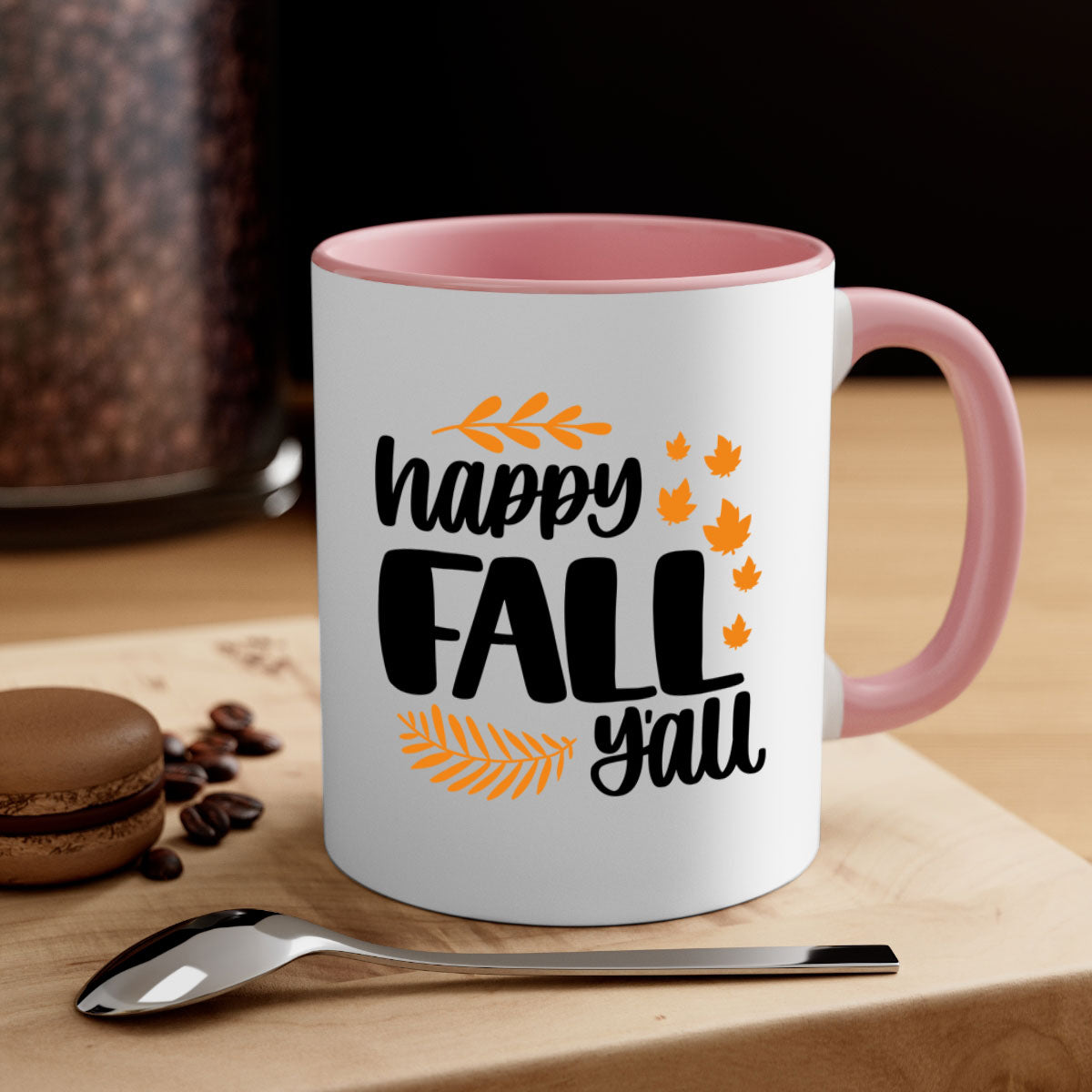 Happy Fall Yall Mug featuring a two-tone design with a colored handle and glossy finish, perfect for autumn beverages.