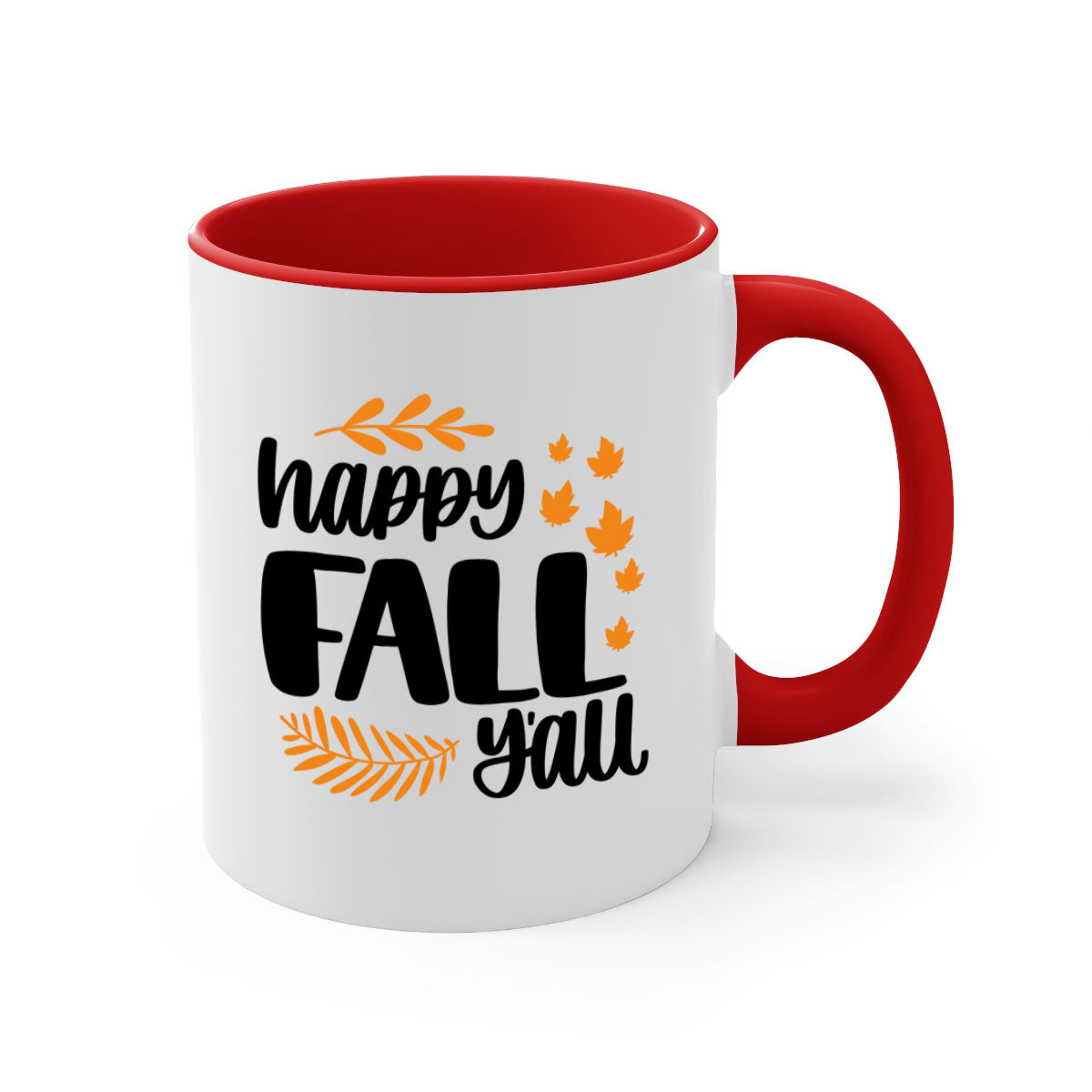 Happy Fall Yall Mug featuring a two-tone design with a colored handle and glossy finish, perfect for autumn beverages.