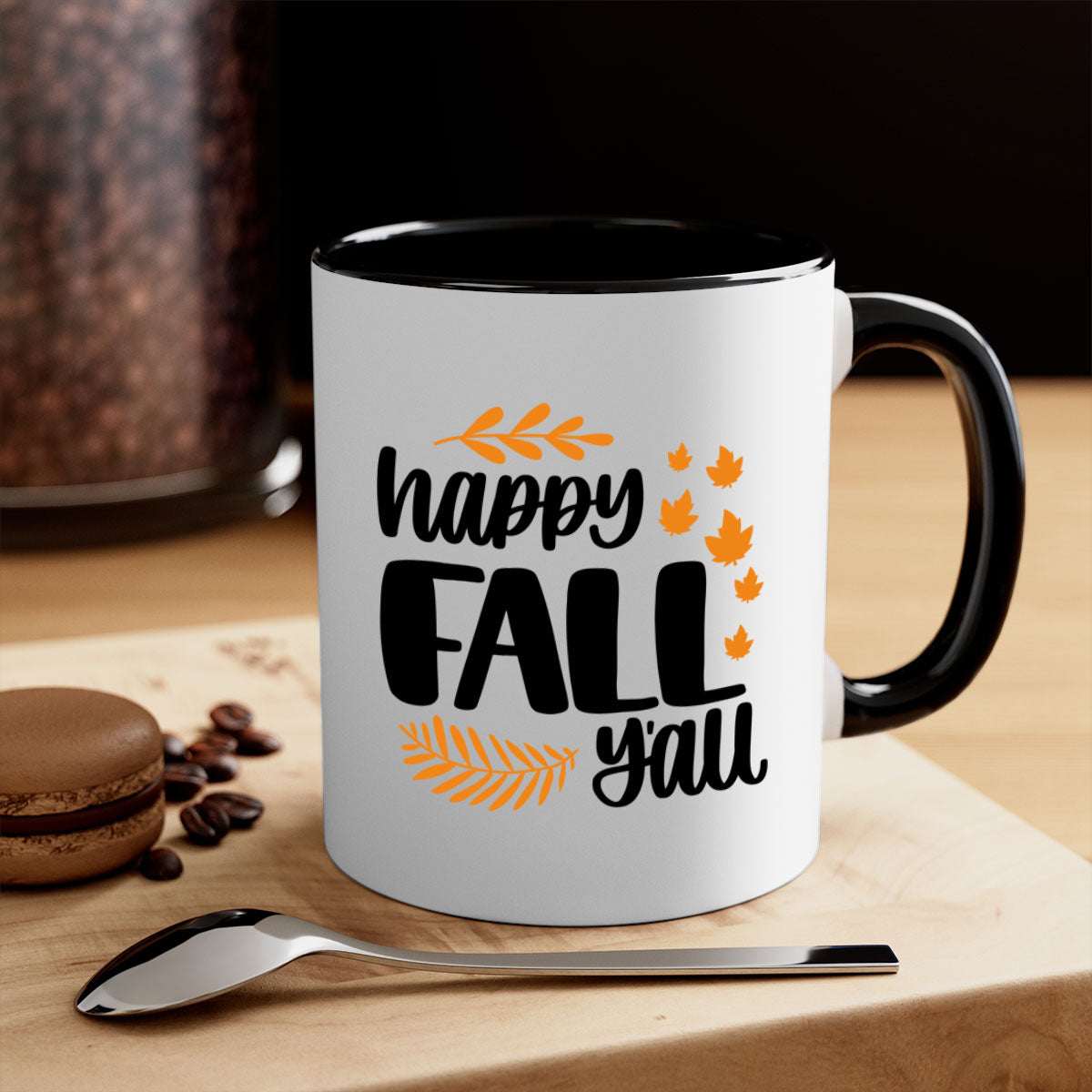 Happy Fall Yall Mug featuring a two-tone design with a colored handle and glossy finish, perfect for autumn beverages.