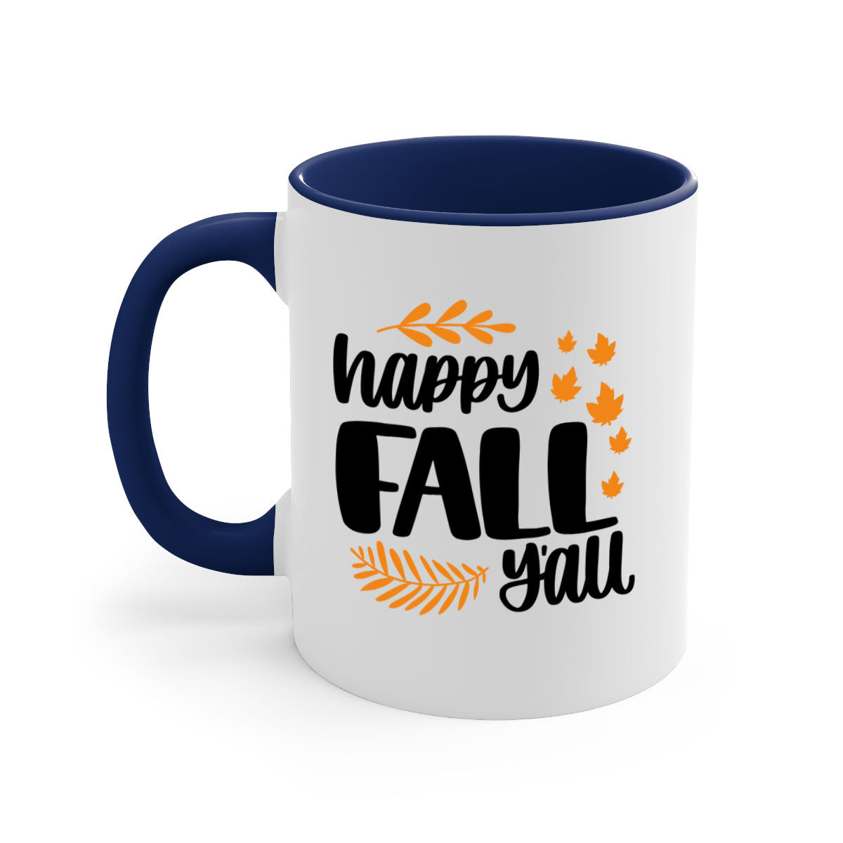Happy Fall Yall Mug featuring a two-tone design with a colored handle and glossy finish, perfect for autumn beverages.