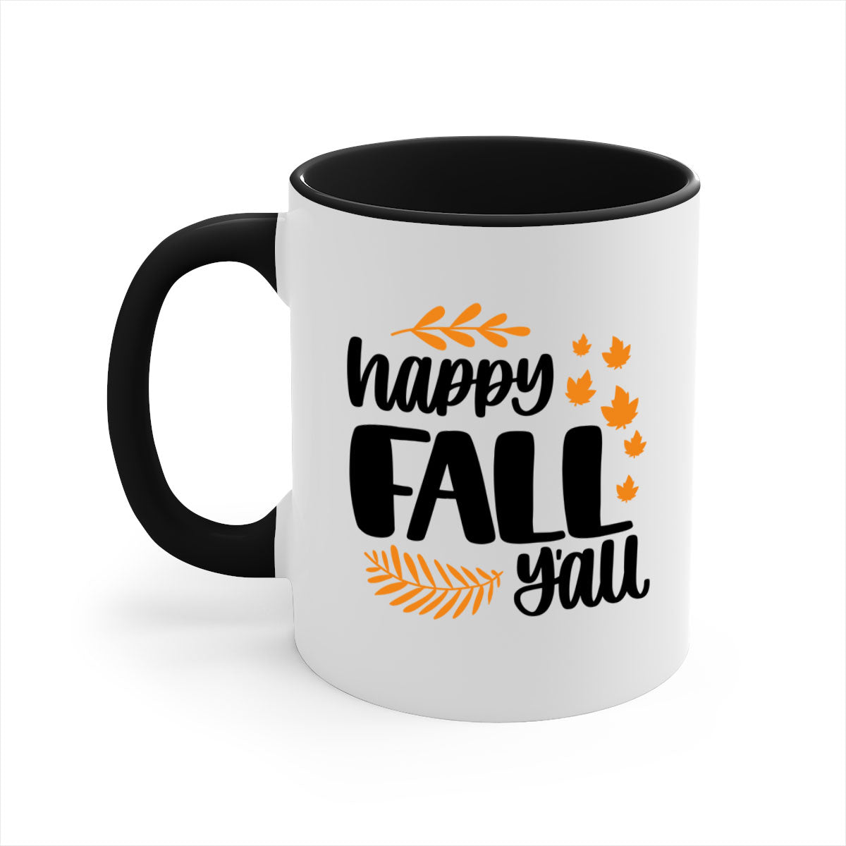 Happy Fall Yall Mug featuring a two-tone design with a colored handle and glossy finish, perfect for autumn beverages.