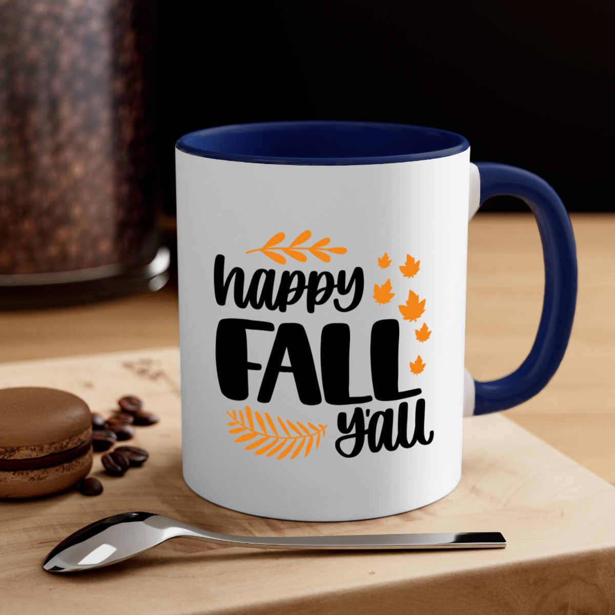 Happy Fall Yall Mug featuring a two-tone design with a colored handle and glossy finish, perfect for autumn beverages.