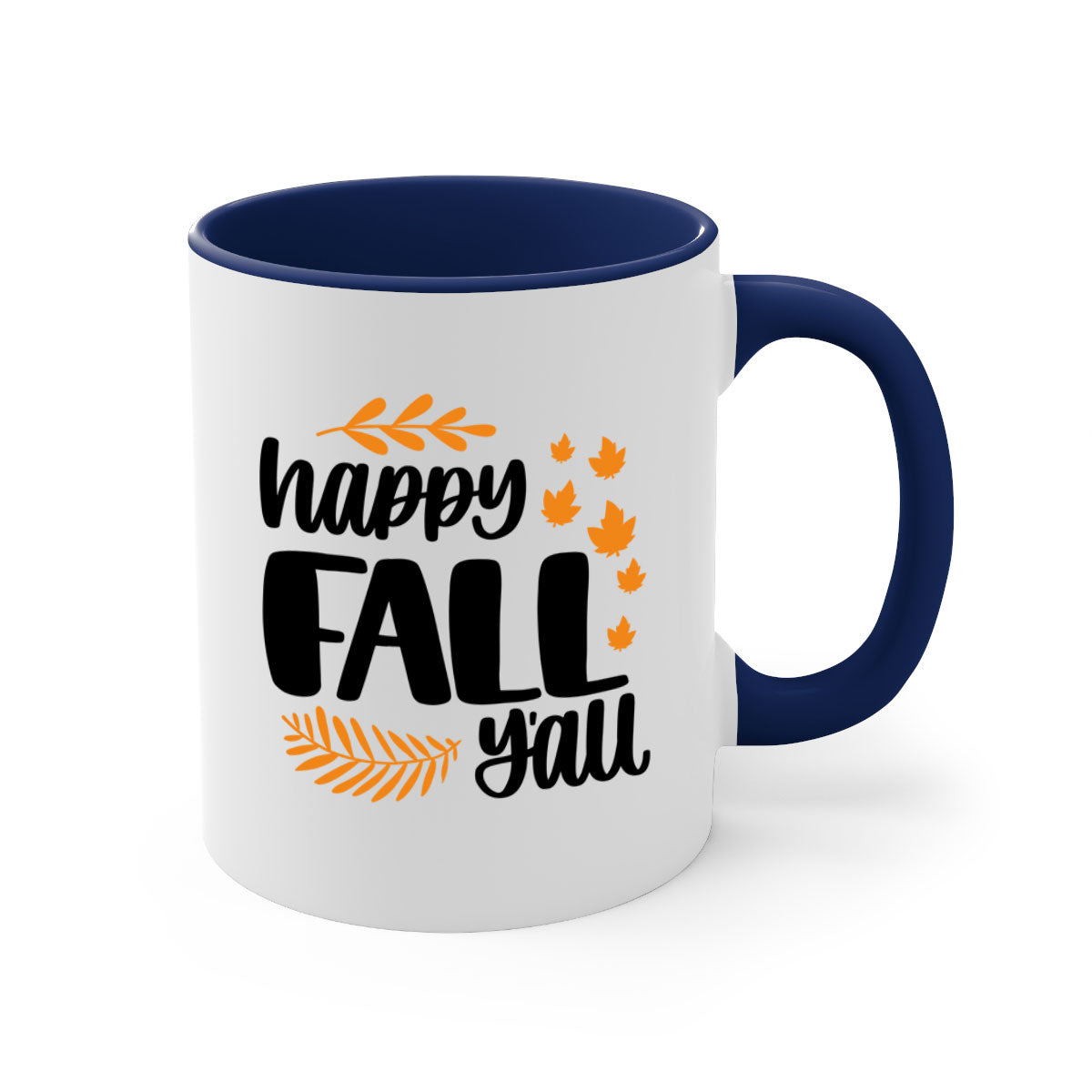 Happy Fall Yall Mug featuring a two-tone design with a colored handle and glossy finish, perfect for autumn beverages.