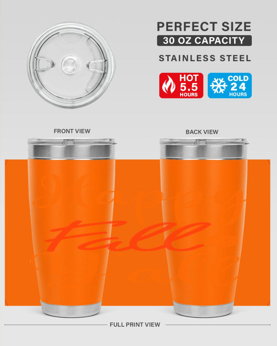Happy Fall Yall Design 233# tumbler in 20oz and 30oz sizes, showcasing a vibrant fall-themed design with a stainless steel finish.