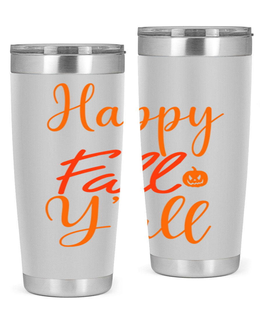 Happy Fall Yall Design 233# tumbler in 20oz and 30oz sizes, showcasing a vibrant fall-themed design with a stainless steel finish.