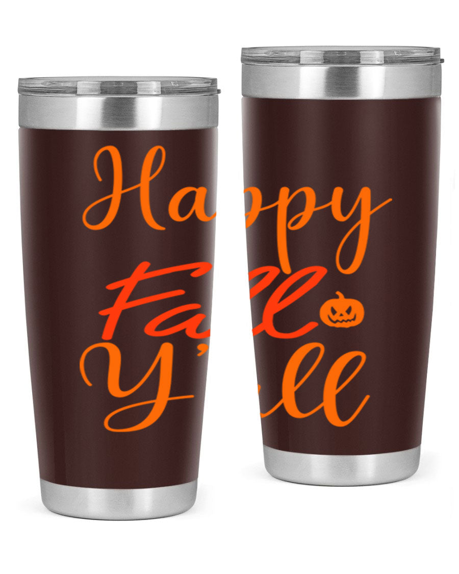 Happy Fall Yall Design 233# tumbler in 20oz and 30oz sizes, showcasing a vibrant fall-themed design with a stainless steel finish.