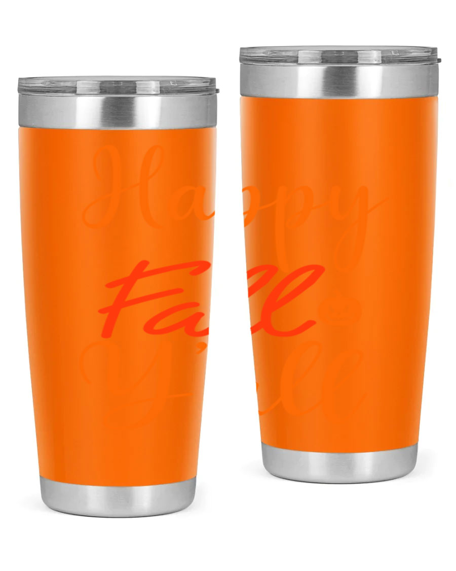 Happy Fall Yall Design 233# tumbler in 20oz and 30oz sizes, showcasing a vibrant fall-themed design with a stainless steel finish.