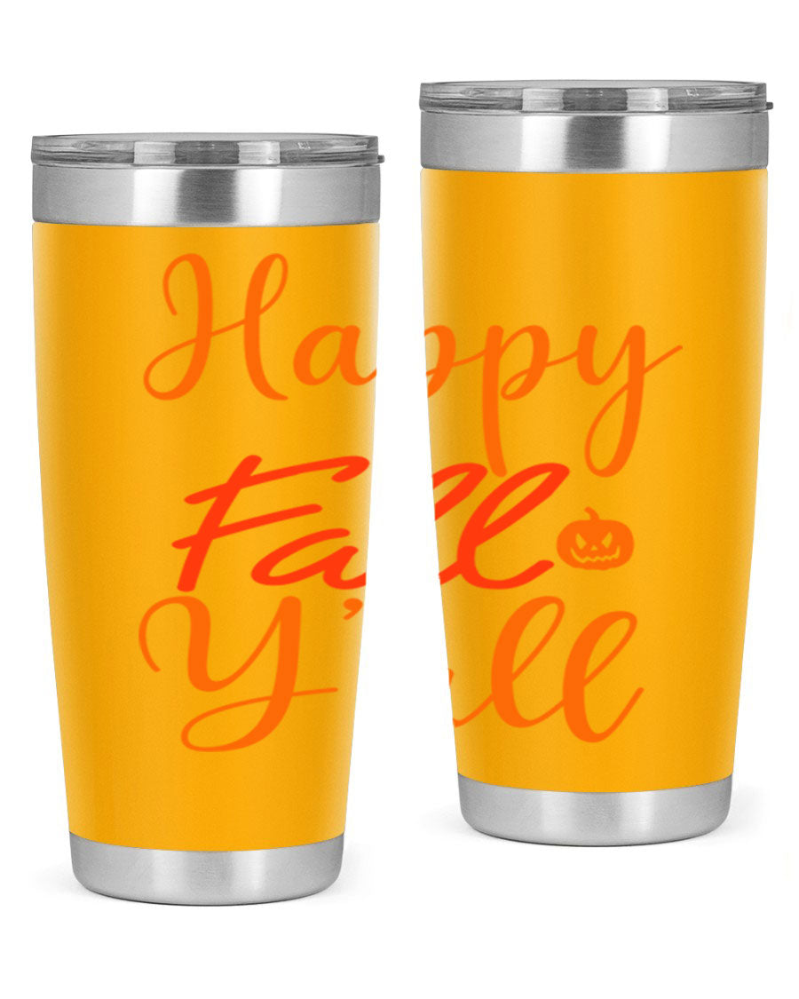 Happy Fall Yall Design 233# tumbler in 20oz and 30oz sizes, showcasing a vibrant fall-themed design with a stainless steel finish.