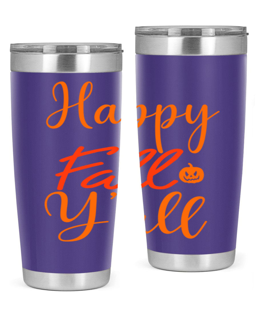Happy Fall Yall Design 233# tumbler in 20oz and 30oz sizes, showcasing a vibrant fall-themed design with a stainless steel finish.