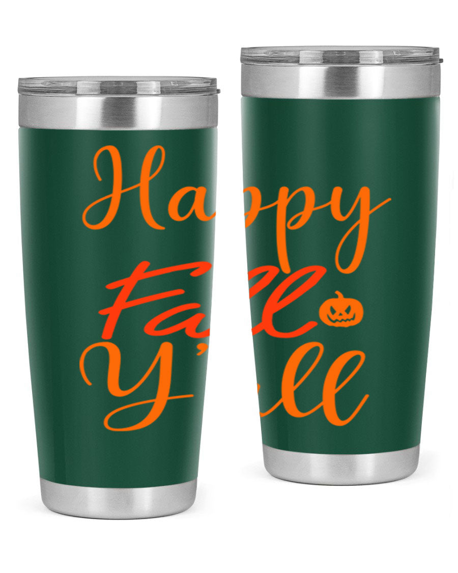 Happy Fall Yall Design 233# tumbler in 20oz and 30oz sizes, showcasing a vibrant fall-themed design with a stainless steel finish.