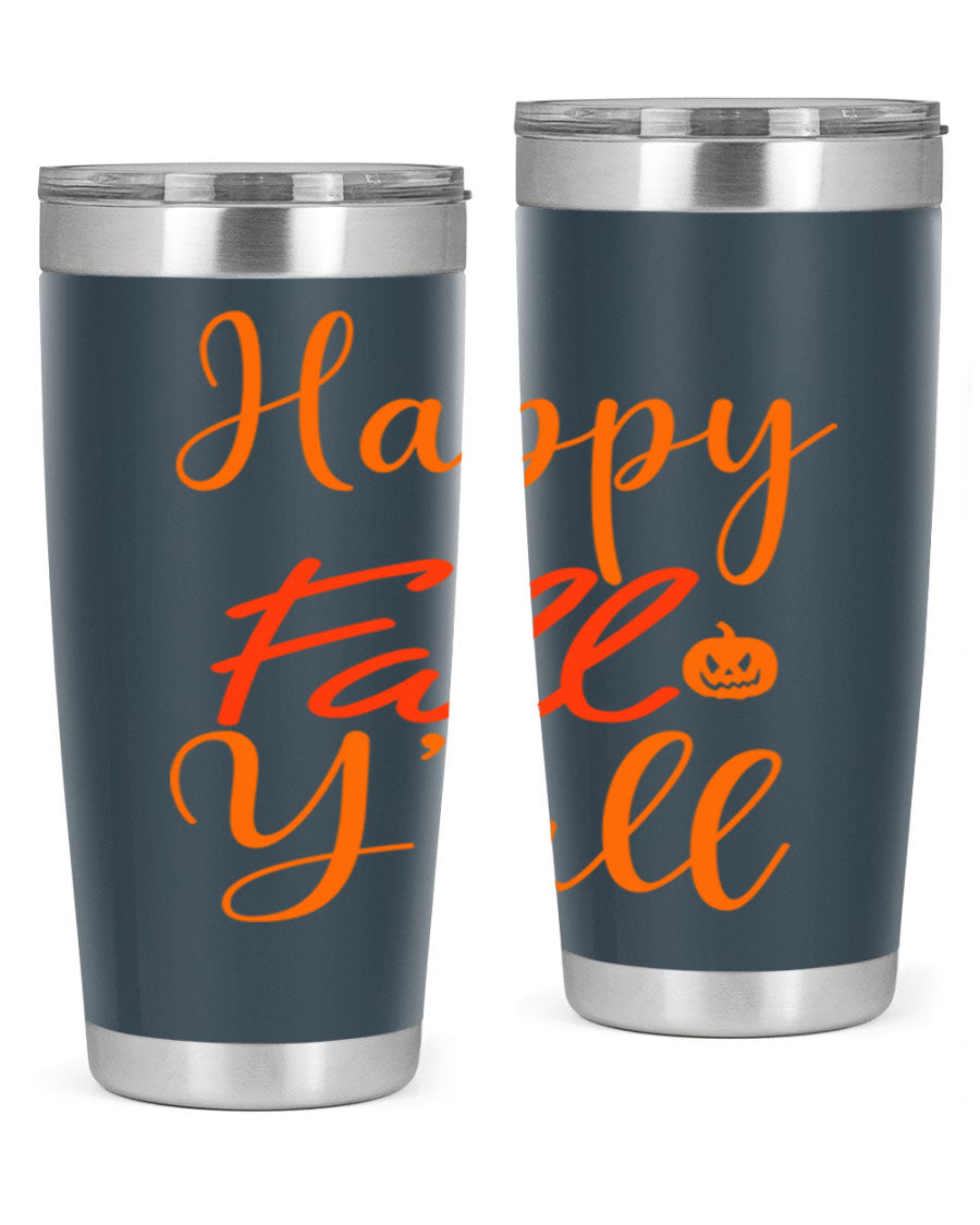 Happy Fall Yall Design 233# tumbler in 20oz and 30oz sizes, showcasing a vibrant fall-themed design with a stainless steel finish.