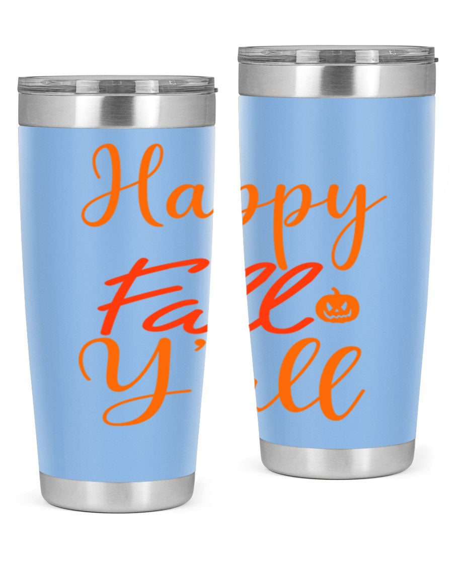Happy Fall Yall Design 233# tumbler in 20oz and 30oz sizes, showcasing a vibrant fall-themed design with a stainless steel finish.