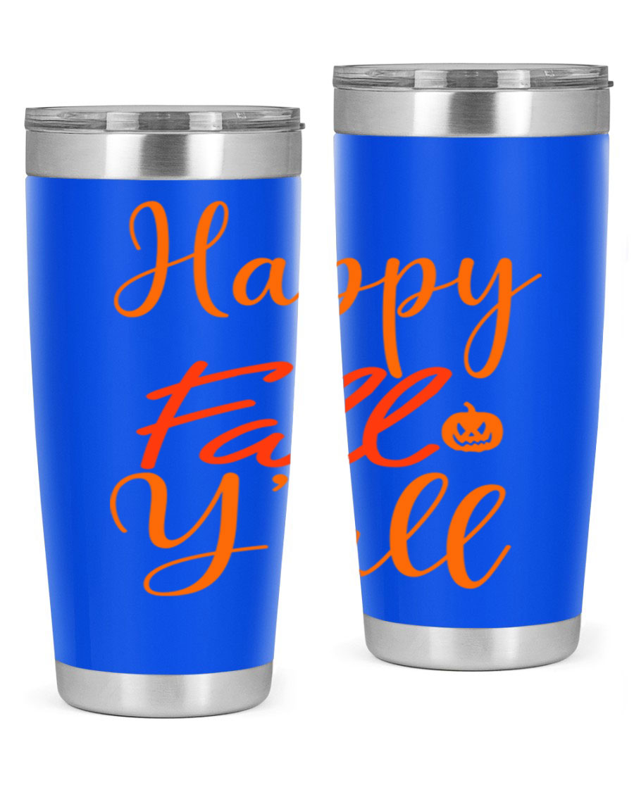 Happy Fall Yall Design 233# tumbler in 20oz and 30oz sizes, showcasing a vibrant fall-themed design with a stainless steel finish.