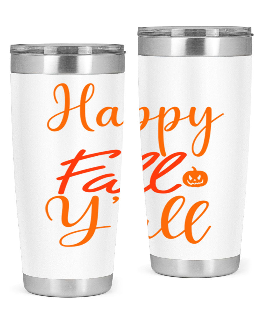 Happy Fall Yall Design 233# tumbler in 20oz and 30oz sizes, showcasing a vibrant fall-themed design with a stainless steel finish.