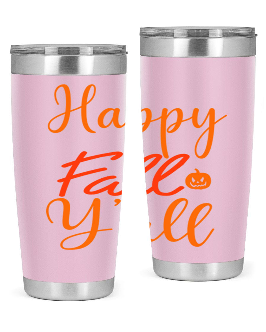 Happy Fall Yall Design 233# tumbler in 20oz and 30oz sizes, showcasing a vibrant fall-themed design with a stainless steel finish.