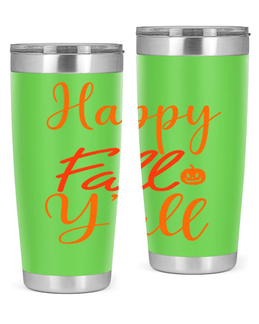 Happy Fall Yall Design 233# tumbler in 20oz and 30oz sizes, showcasing a vibrant fall-themed design with a stainless steel finish.