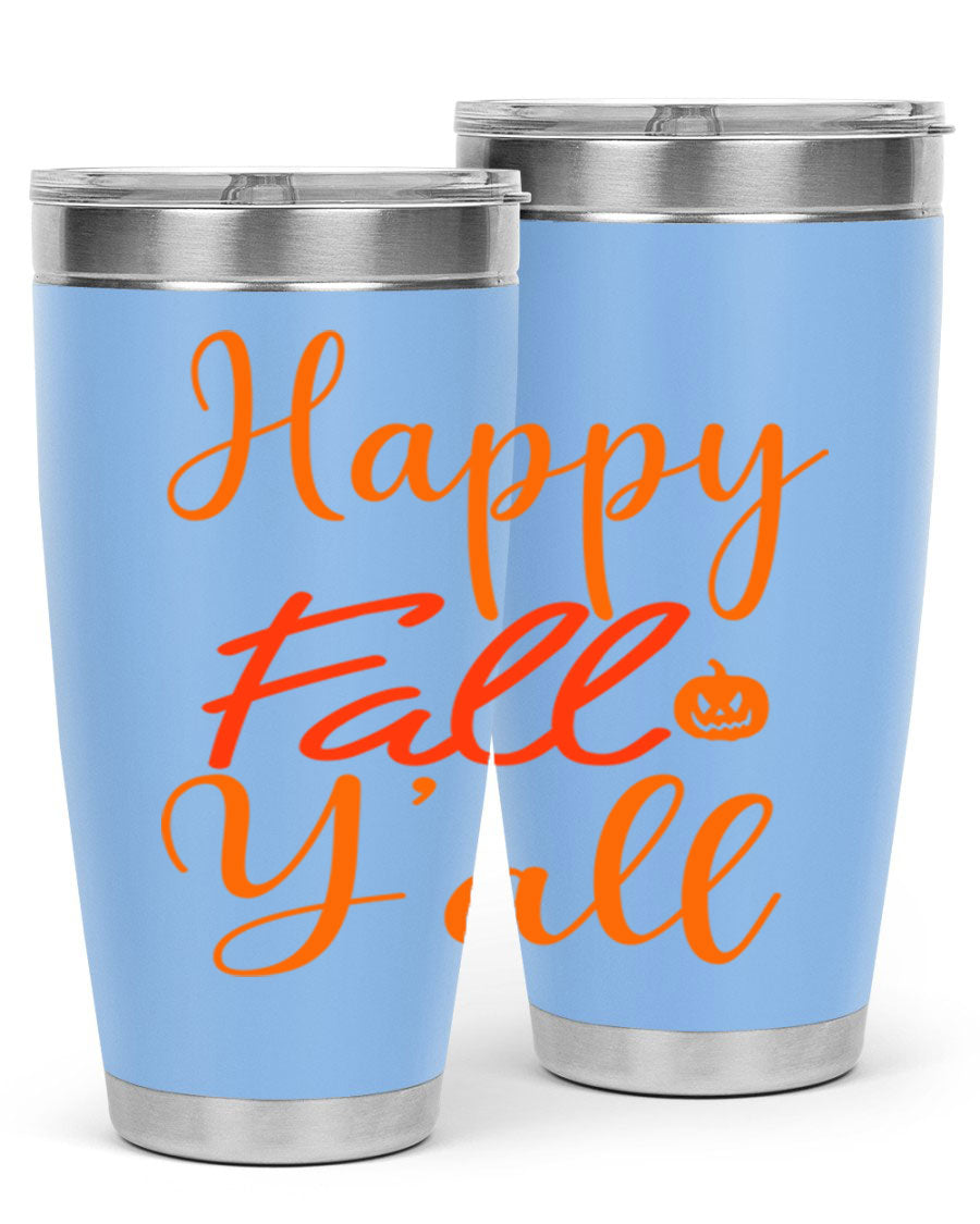 Happy Fall Yall Design 233# tumbler in 20oz and 30oz sizes, showcasing a vibrant fall-themed design with a stainless steel finish.