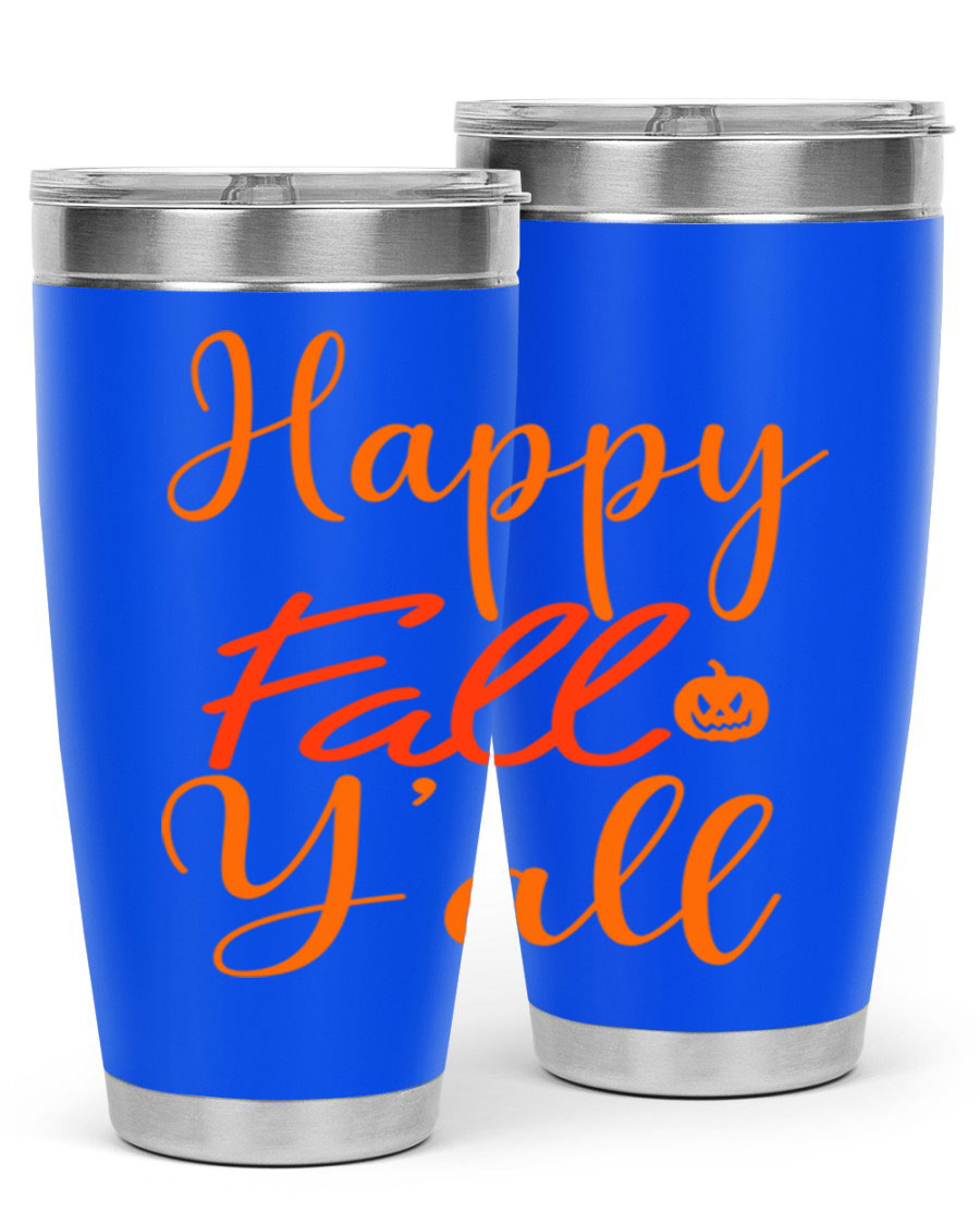 Happy Fall Yall Design 233# tumbler in 20oz and 30oz sizes, showcasing a vibrant fall-themed design with a stainless steel finish.