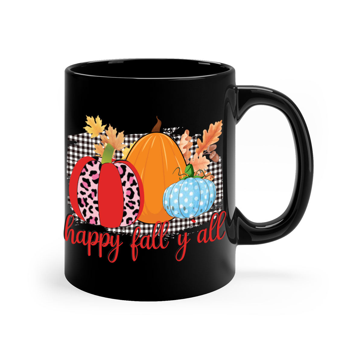 Happy Fall Yall Leopard Mug featuring a stylish leopard print design with a colored handle and glossy finish, available in multiple colors.
