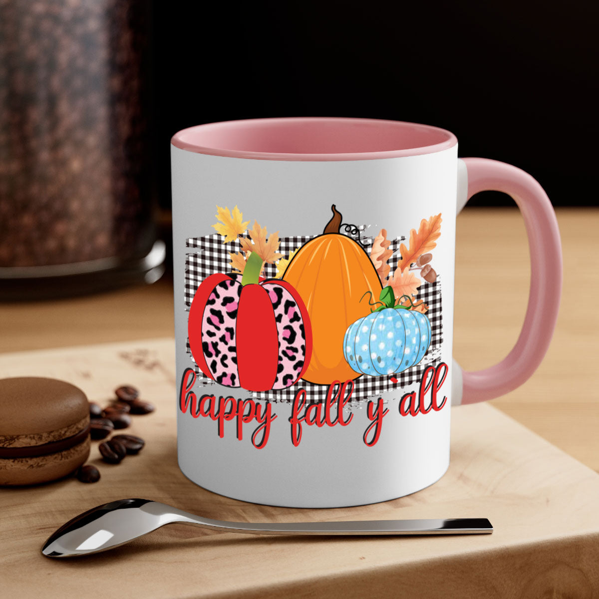 Happy Fall Yall Leopard Mug featuring a stylish leopard print design with a colored handle and glossy finish, available in multiple colors.