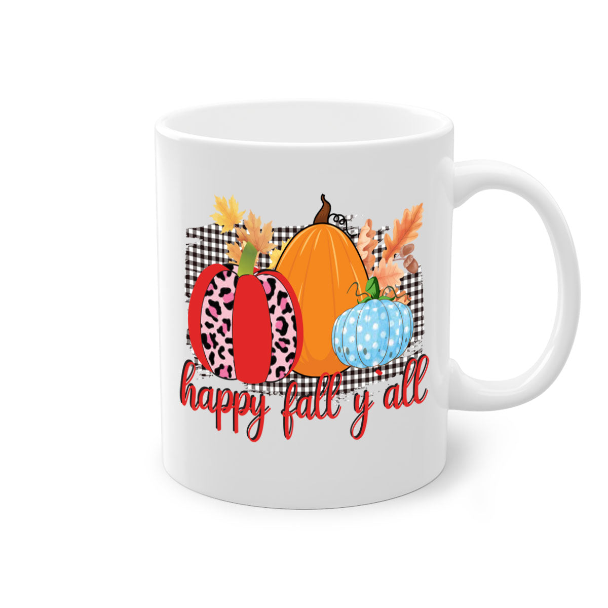 Happy Fall Yall Leopard Mug featuring a stylish leopard print design with a colored handle and glossy finish, available in multiple colors.