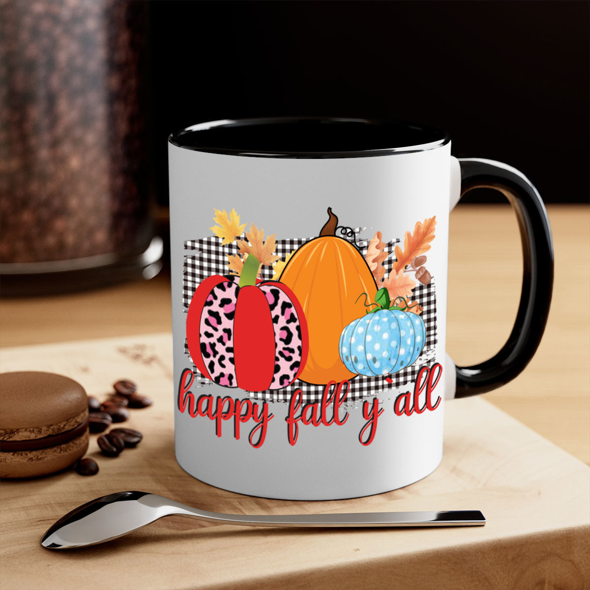 Happy Fall Yall Leopard Mug featuring a stylish leopard print design with a colored handle and glossy finish, available in multiple colors.