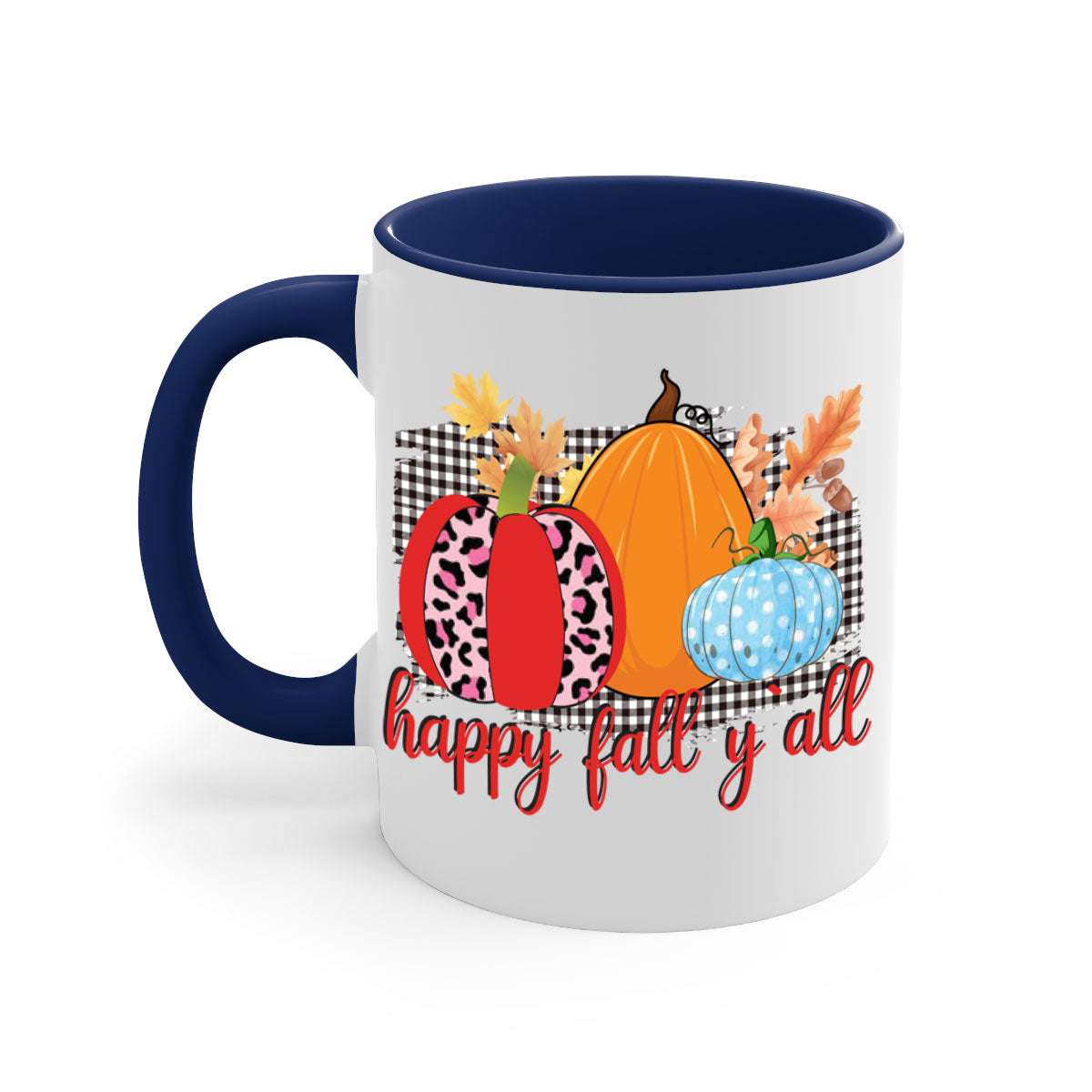 Happy Fall Yall Leopard Mug featuring a stylish leopard print design with a colored handle and glossy finish, available in multiple colors.
